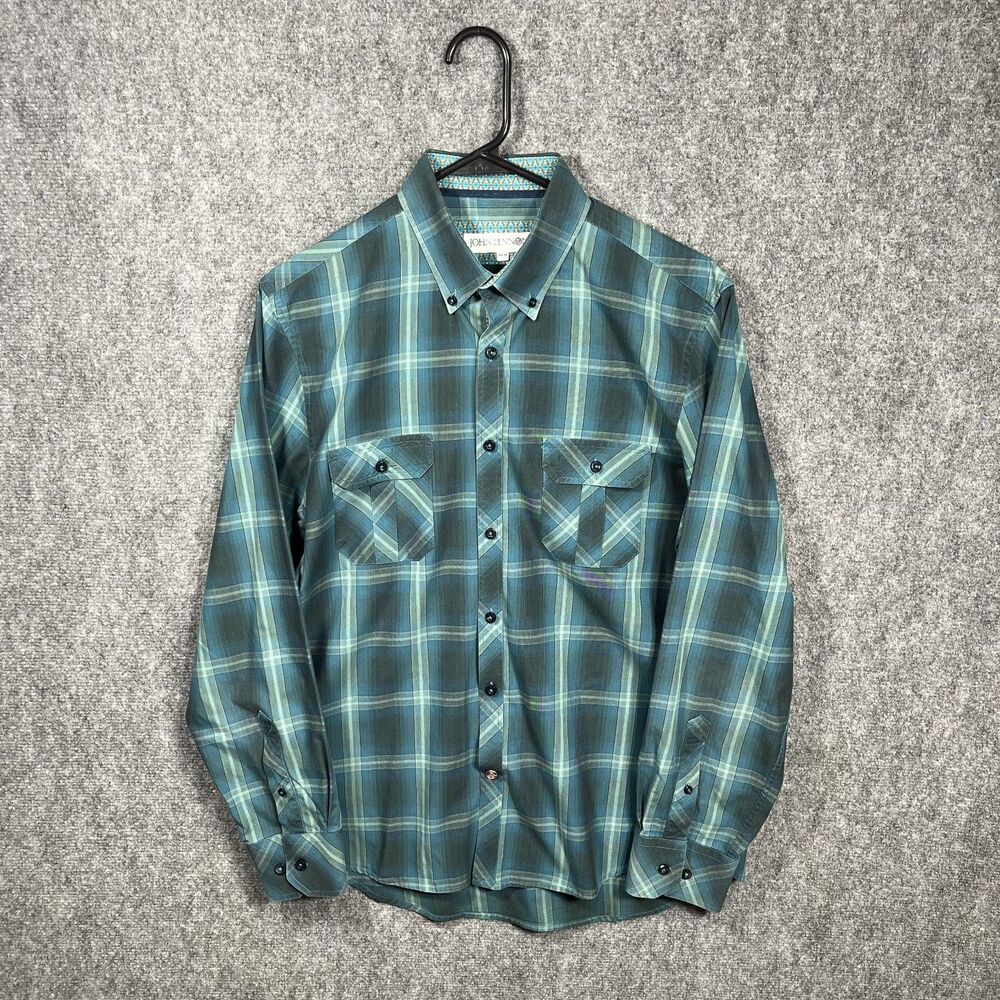 John Lennon Mens Button Up Shirt M Green Blue Plaid Psychedelic Retro UK Peace